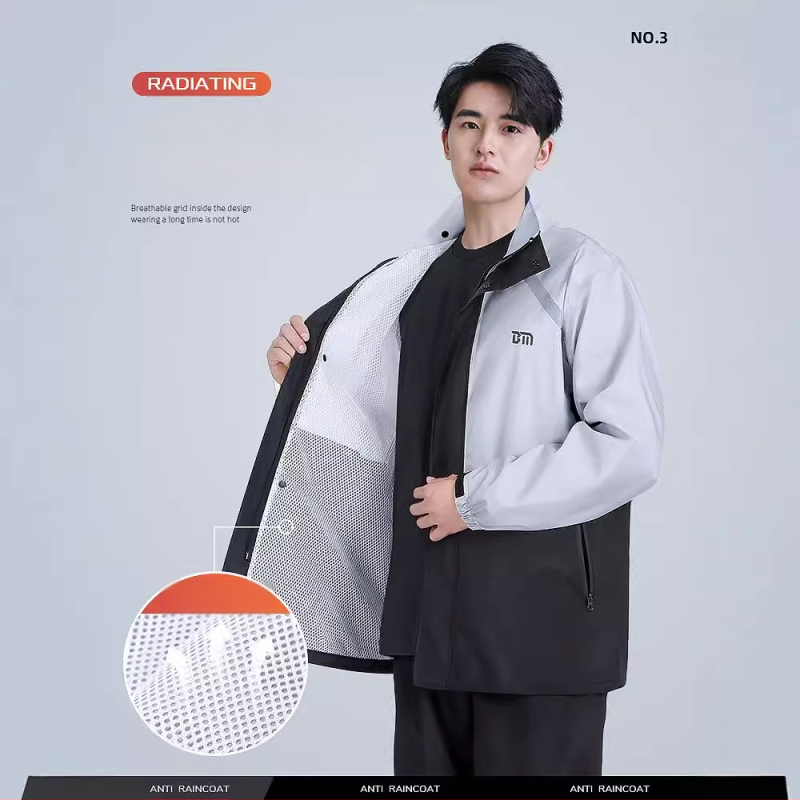 Išskirtas lietaus striukės su kelnais komplektas motoriniam važiavimui, vandeniui atsparus PVC sluoksnis, Chunya Spinning audinys, suaugusieji, logotipo pritaikymas