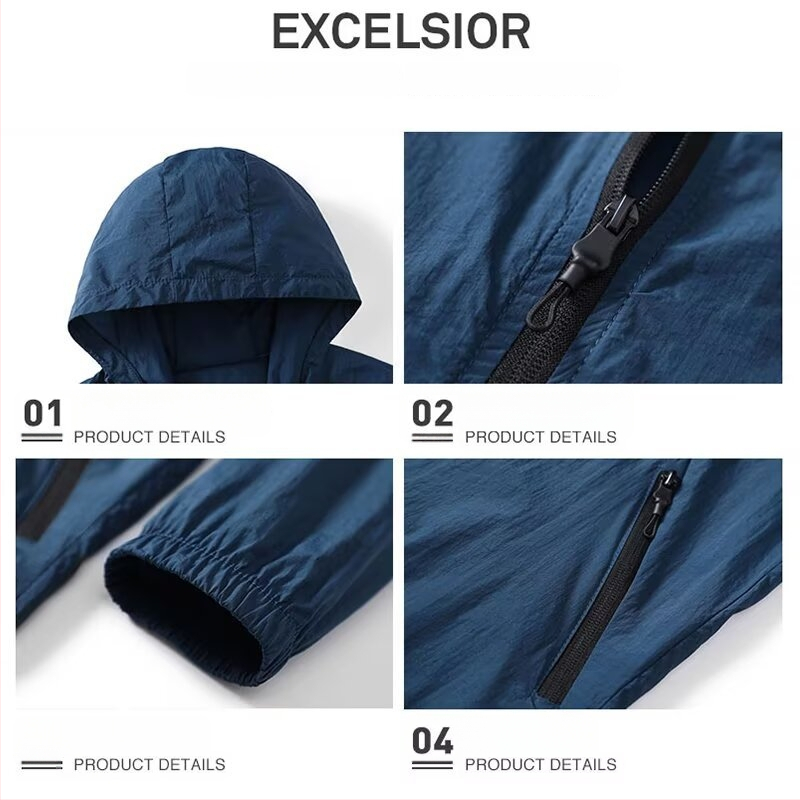 Kapuutsiga päikesekaitse jope, õhuke polüester, suvi, eesmine tõmblukk, külje taskud