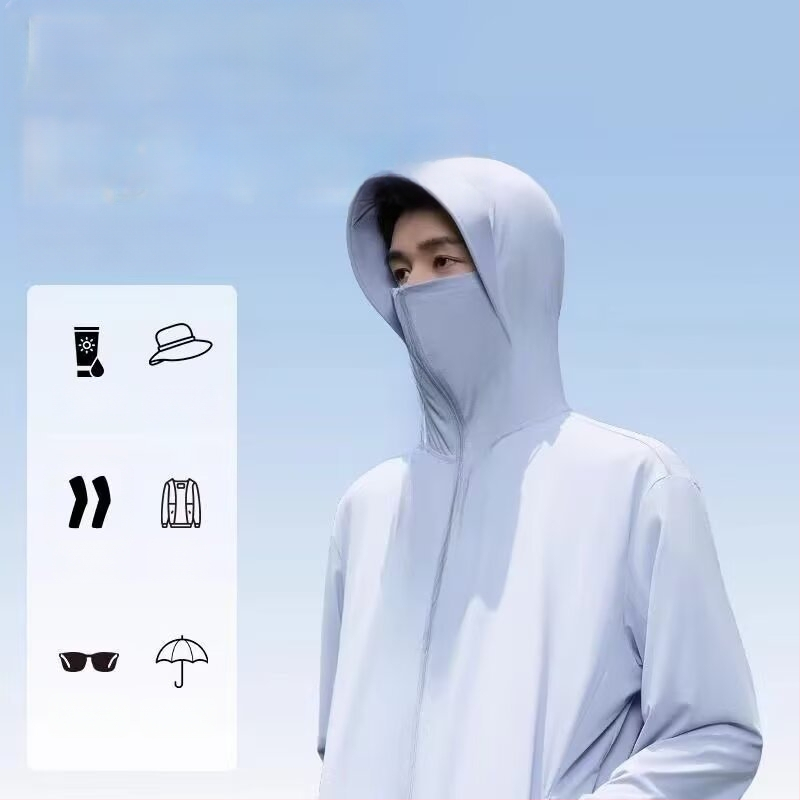 Päikesekaitsekapuutsiga jakk suveks — hingav polüesteri segu, õhuke kangas, tõmblukk, kolmemõõtmelised patch taskud