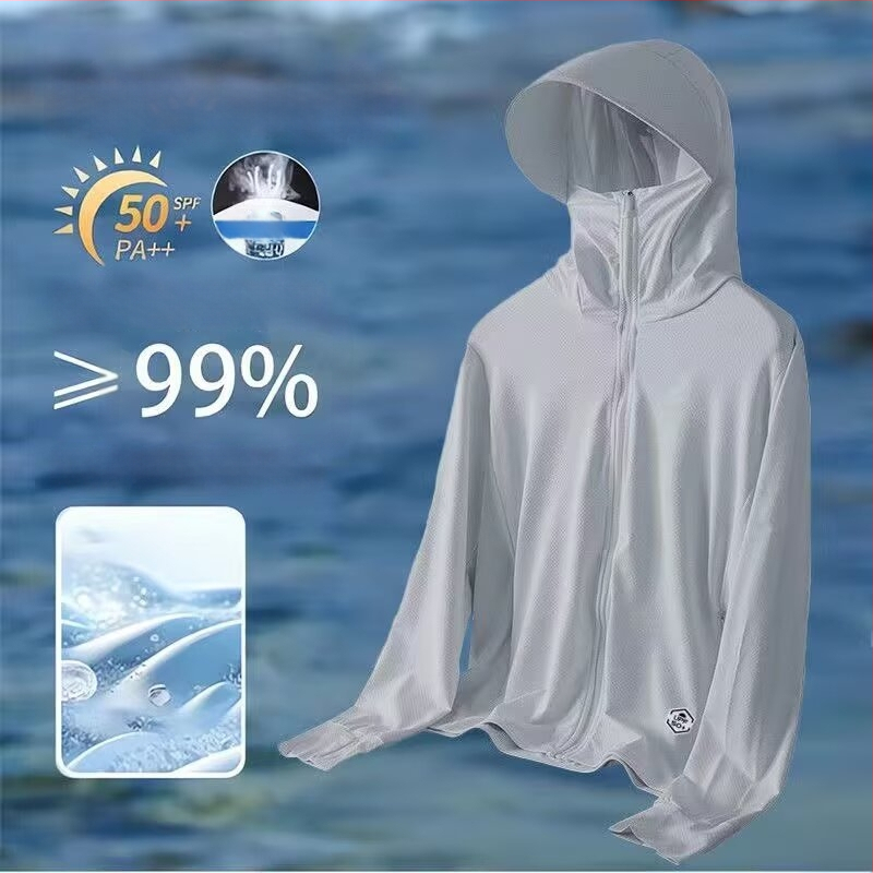 Päikesekaitsekapuutsiga jakk suveks — hingav polüesteri segu, õhuke kangas, tõmblukk, kolmemõõtmelised patch taskud