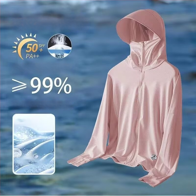 Päikesekaitsekapuutsiga jakk suveks — hingav polüesteri segu, õhuke kangas, tõmblukk, kolmemõõtmelised patch taskud