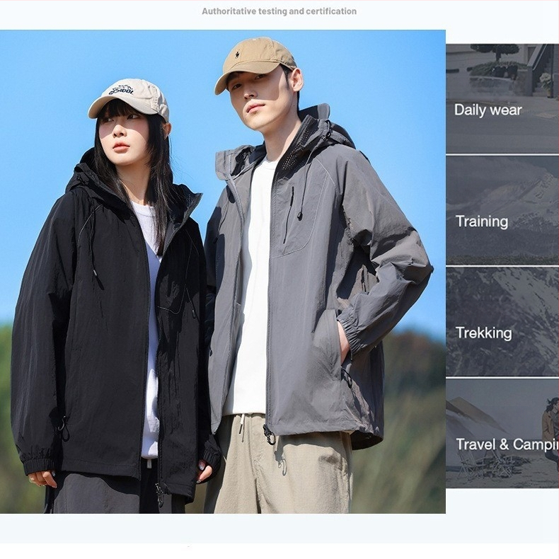 Lauko vėjo striukė – unisex, su gobtuvu, UPF100+ UV apsauga, kvėpuojanti ir greitai džiūstanti, nailono audinys