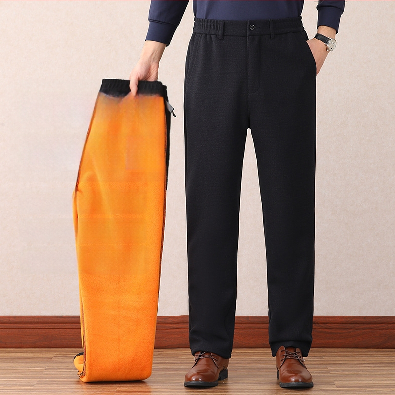 Vyresniems vyrams – tiesaus kirpimo kelnes su aukštu juosmeniu – paprastos linijos, ilgesnės kojos, audinys: cheminių pluoštų mišinys