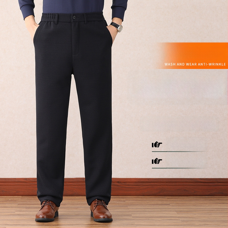 Vyresniems vyrams – tiesaus kirpimo kelnes su aukštu juosmeniu – paprastos linijos, ilgesnės kojos, audinys: cheminių pluoštų mišinys