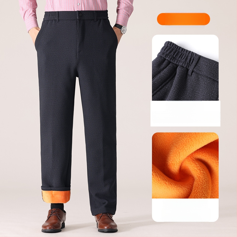 Vyresniems vyrams – tiesaus kirpimo kelnes su aukštu juosmeniu – paprastos linijos, ilgesnės kojos, audinys: cheminių pluoštų mišinys