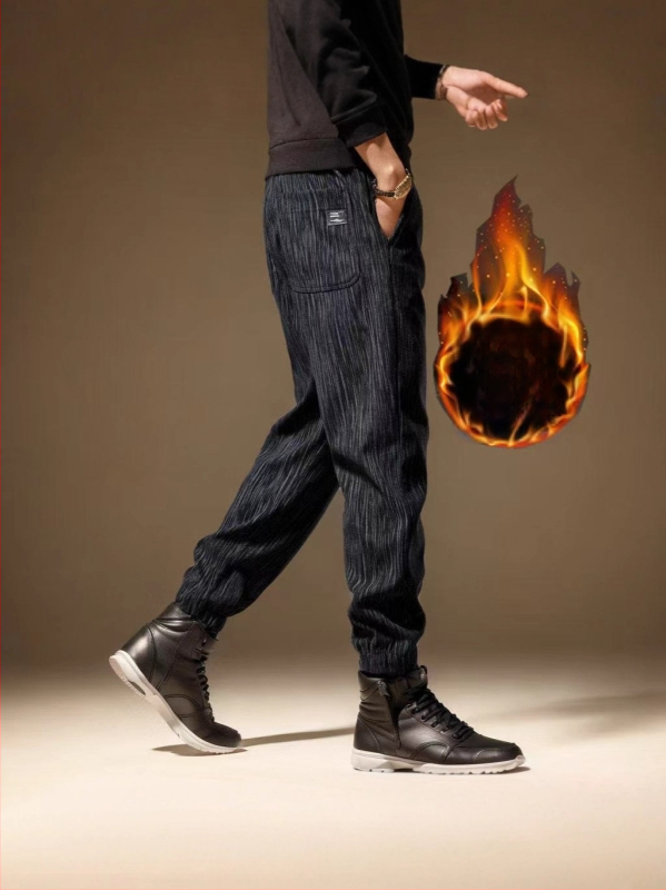 Meeste talvekas casualpüksid, fliisvooder, sirge lõige, triibuline muster, keskmine vöökoht, köisuga sulgemine