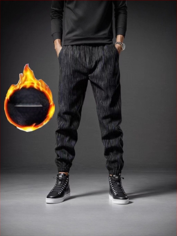 Meeste talvekas casualpüksid, fliisvooder, sirge lõige, triibuline muster, keskmine vöökoht, köisuga sulgemine