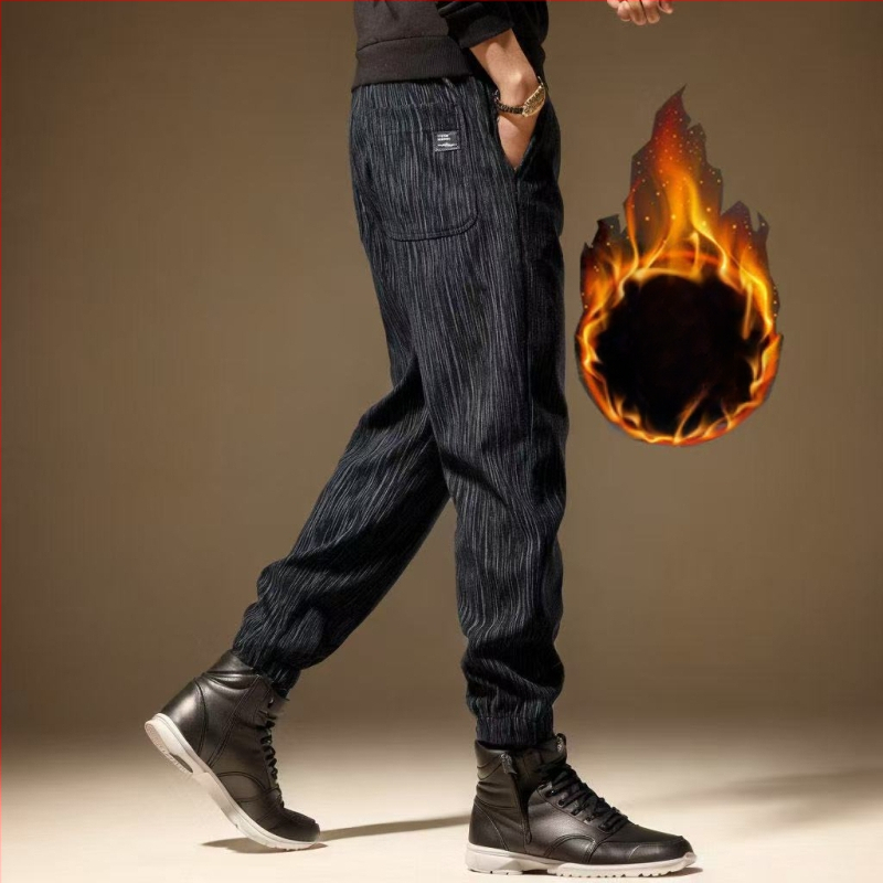 Meeste talvekas casualpüksid, fliisvooder, sirge lõige, triibuline muster, keskmine vöökoht, köisuga sulgemine