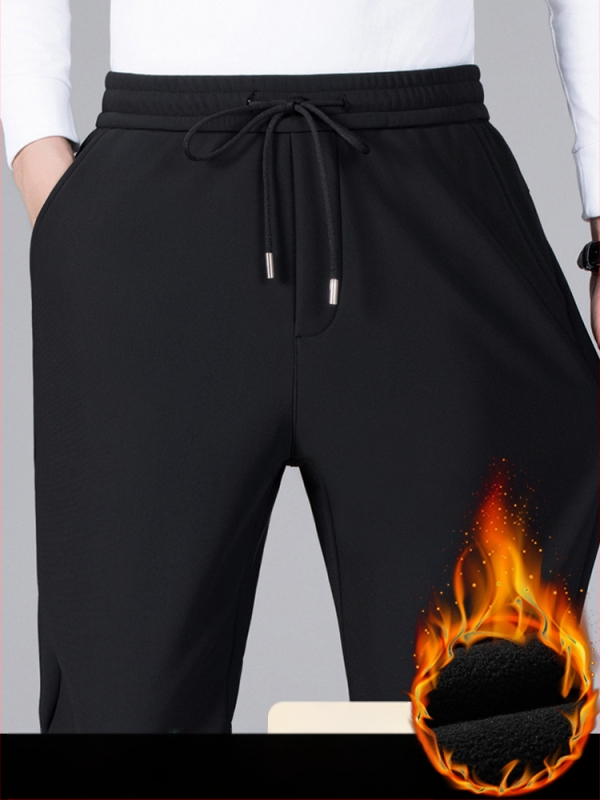 Meeste talvised püksid fleece-vooderdusega, sirge lõikega, vööga, igapäevase äri stiili jaoks, veniv materjal