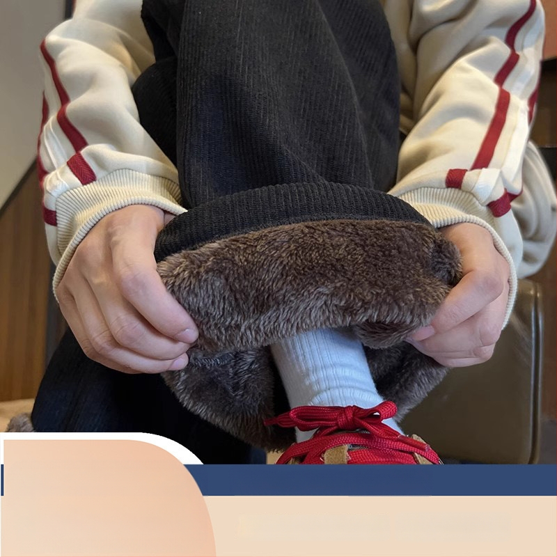 Corduroy kelnės su fleece pamušalu, tiesus kirpimas, vidurio juosmuo, paaugliai, Korėjos stilius, žiemai