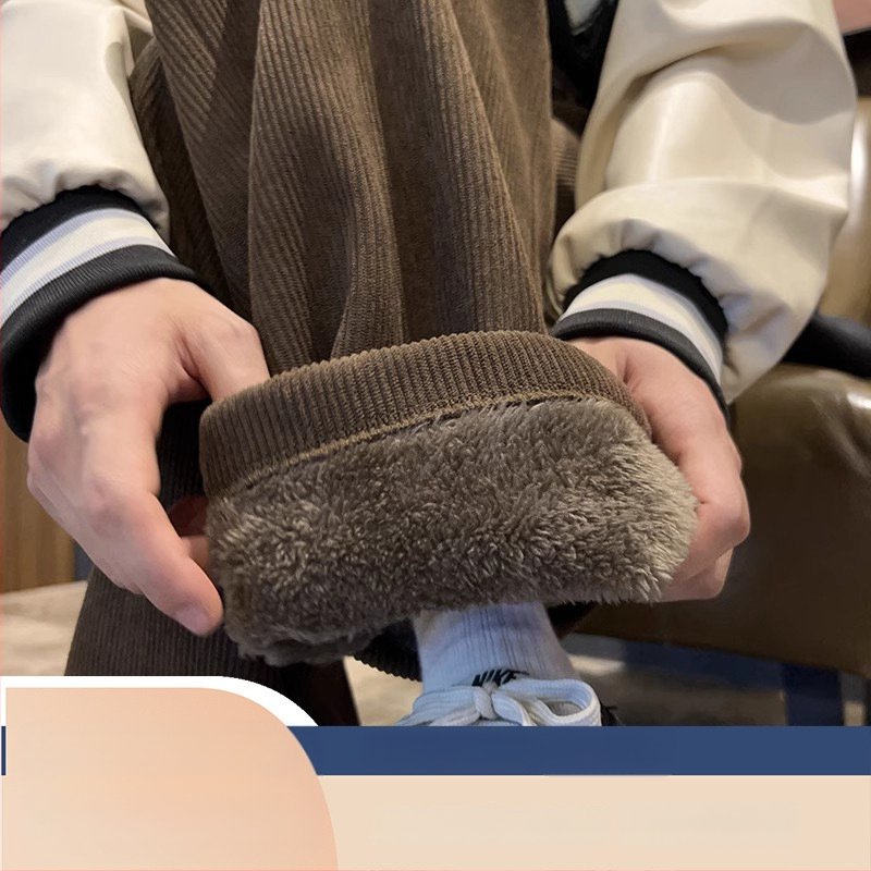 Corduroy kelnės su fleece pamušalu, tiesus kirpimas, vidurio juosmuo, paaugliai, Korėjos stilius, žiemai
