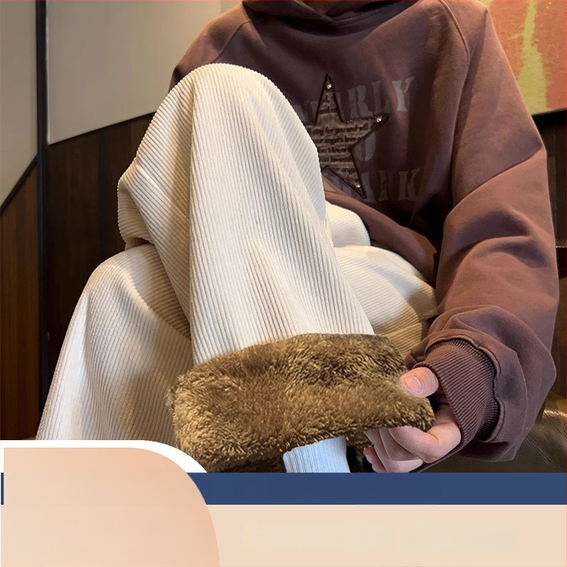 Corduroy kelnės su fleece pamušalu, tiesus kirpimas, vidurio juosmuo, paaugliai, Korėjos stilius, žiemai