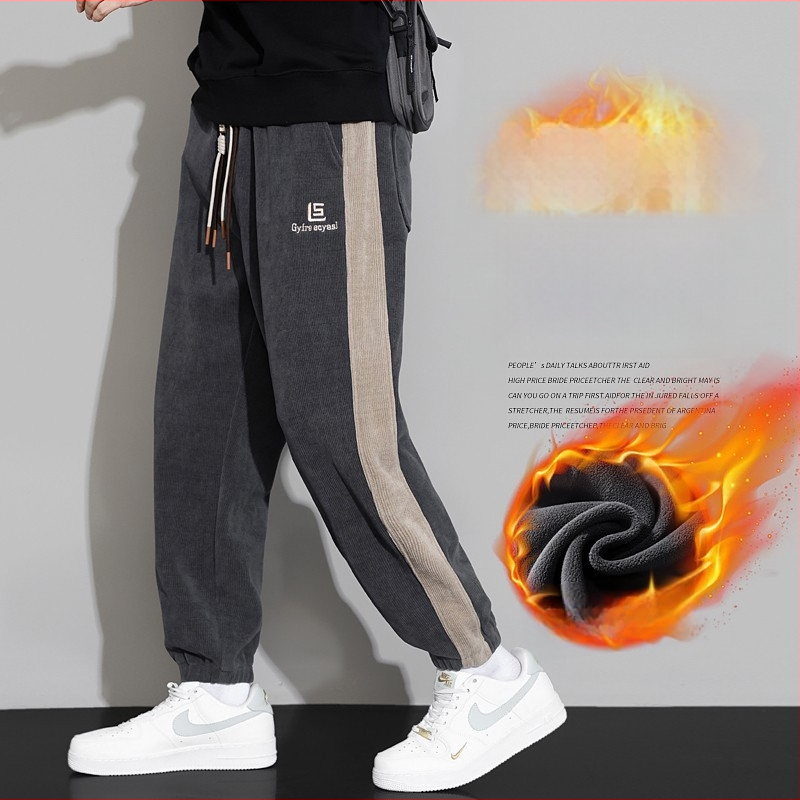 Corduroy tööpüksid fleece voodriga, triibuline muster, elastne keskjoon, sirge lõige