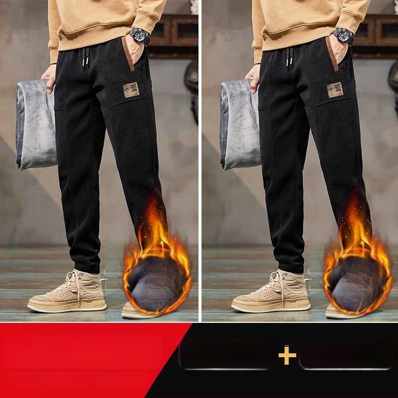 Vyrinės laisvos kelnės iš corduroy audinio, vidurio juosmuo, vienos spalvos, sporto stilius