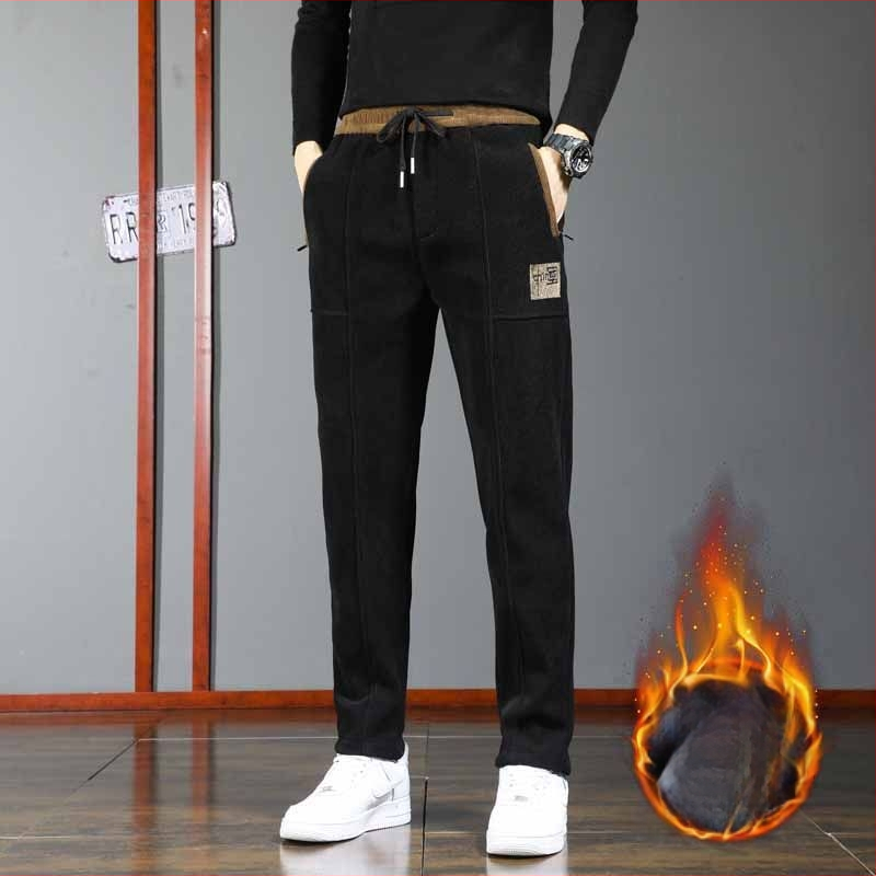 Vyrinės laisvos kelnės iš corduroy audinio, vidurio juosmuo, vienos spalvos, sporto stilius