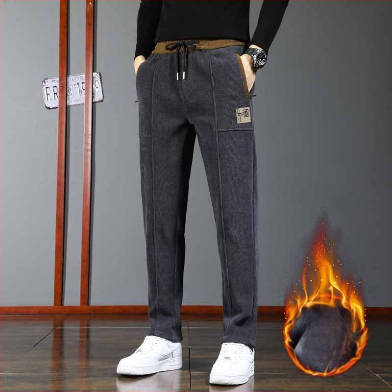 Vyrinės laisvos kelnės iš corduroy audinio, vidurio juosmuo, vienos spalvos, sporto stilius