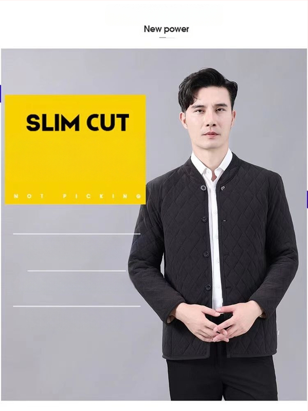 Vyrinė žieminė medvilninė striukė su fliso pamušalu, stovinti apykaklė, ilgos rankovės, įprasta kirpimo, šoninės kišenės, vienos eilės sagos, įprastas ilgis