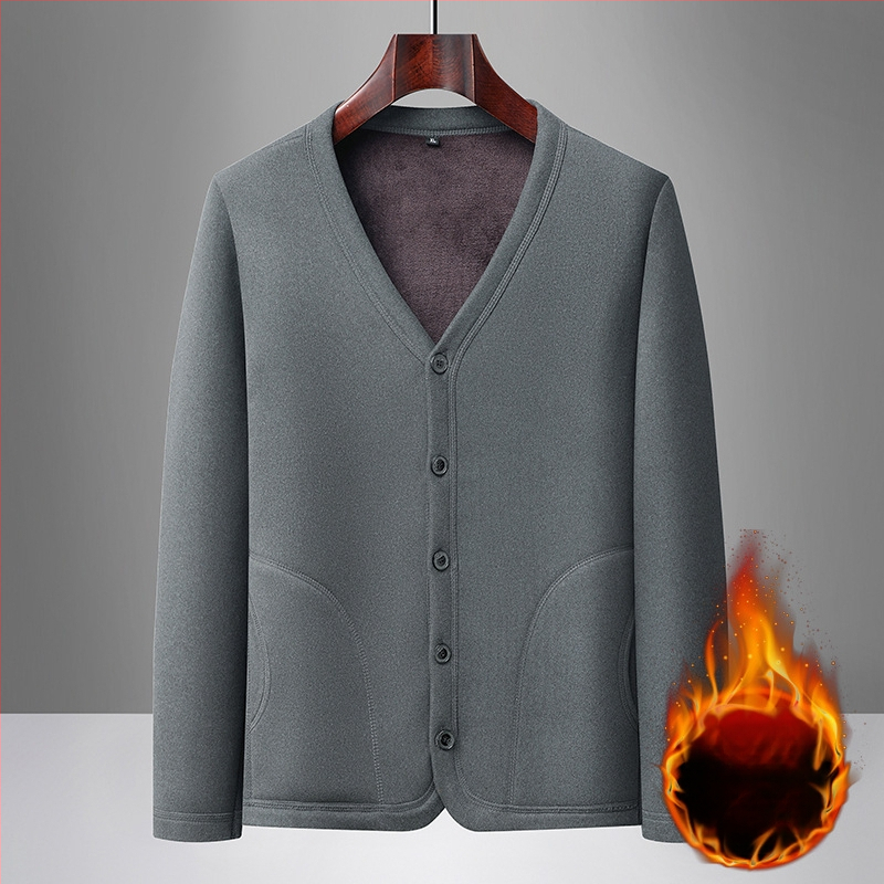 Vyriškas žiemos kardiganas su fliso pamušalu, poliesterio audinys, ilgos rankovės, apvali kaklo iškirptė, vidutinio amžiaus ir vyresniems vyrams
