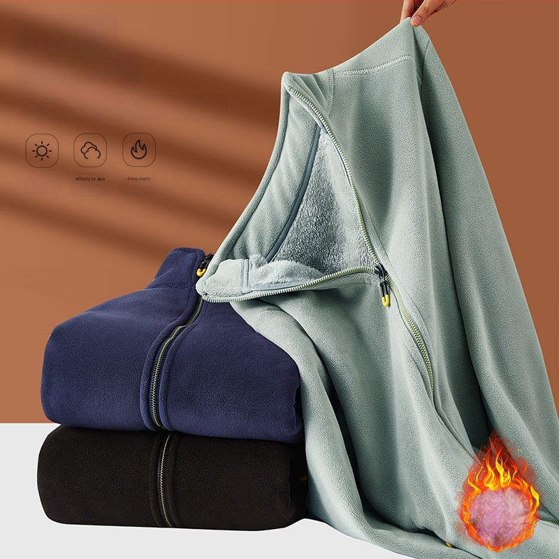 Kahekülgne fleece-kardigan stand-up krae, tõmblukk ees, pikad varrukad, paks polüester, unisex (mehed ja naised)