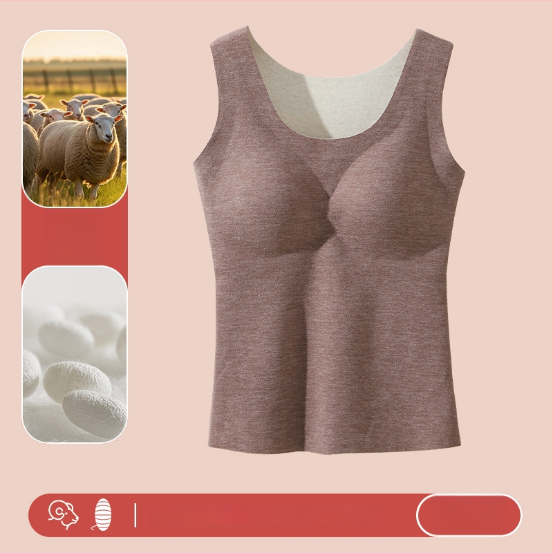 Naiste villane soe vest sisseehitatud rinnapadiga, õmblusteta, sametise fleece vooder, ümmargune kaelus