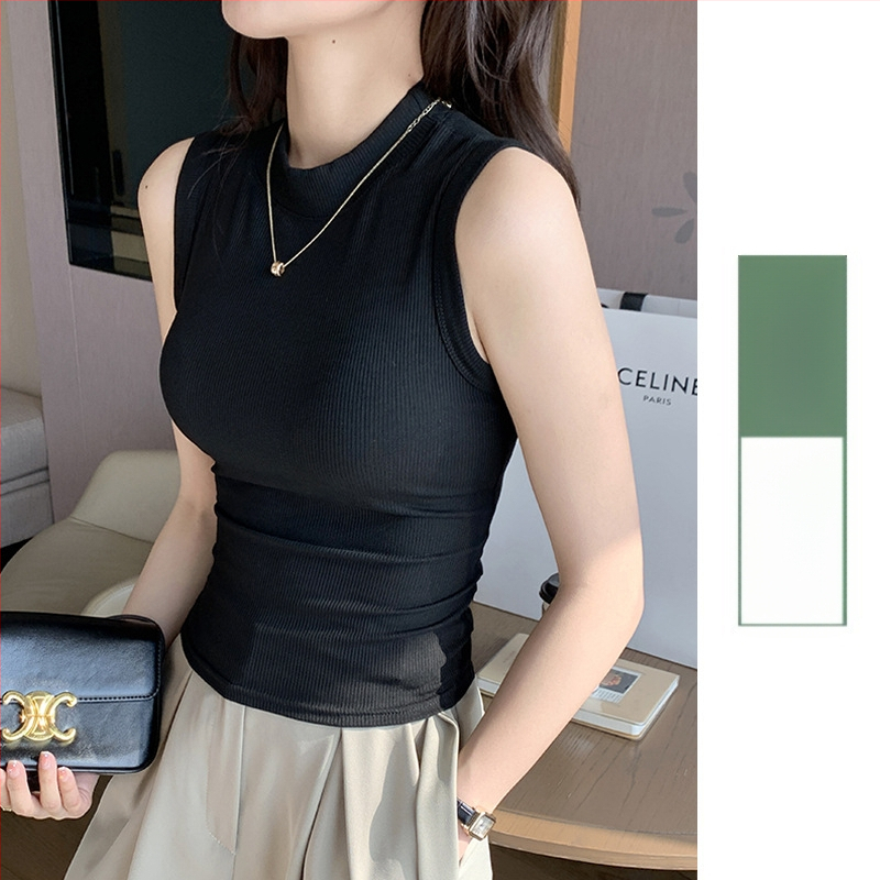 Moteriškas dryžuoto mezgimo be rankovių viršūnė su apvaliu kaklu - siauras siluetas, aukšta elastika, viskozės pluoštas 90–95%