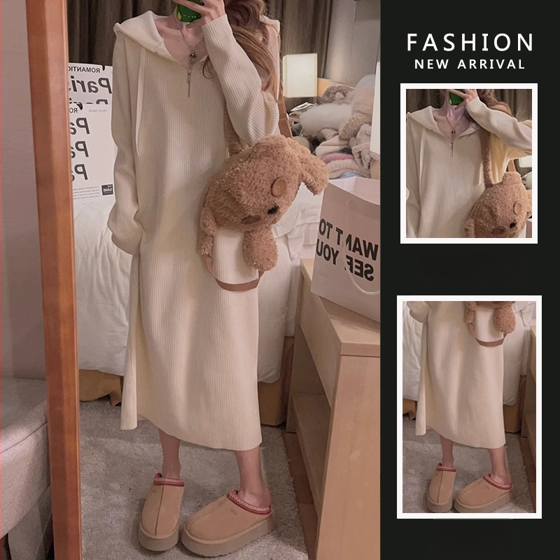 Rasedate kapuutsiga kootud kleit merine siluetiga, pikkade varrukatega