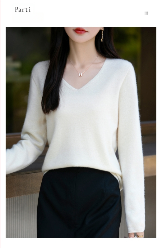 Moteriškas vilnos megztinis 95%+, V formos kaklo, laisvas kirpimas, ilgos rankovės, ilgis 50–65 cm