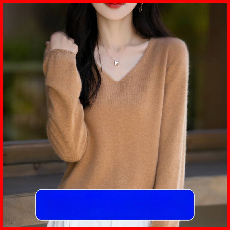 Moteriškas vilnos megztinis 95%+, V formos kaklo, laisvas kirpimas, ilgos rankovės, ilgis 50–65 cm