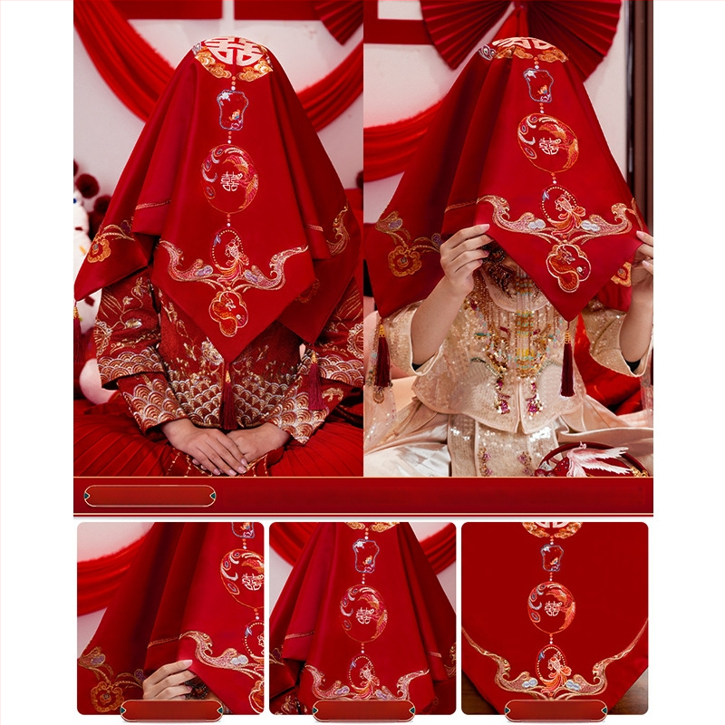 Išsiuvinėta satino nuotakos galvos skara tradicinėms kinų vestuvėms (Medžiaga: siuvinėtas satinas; Naudojimas: vestuvės; Kategorija: Kitos vestuvinės prekės)