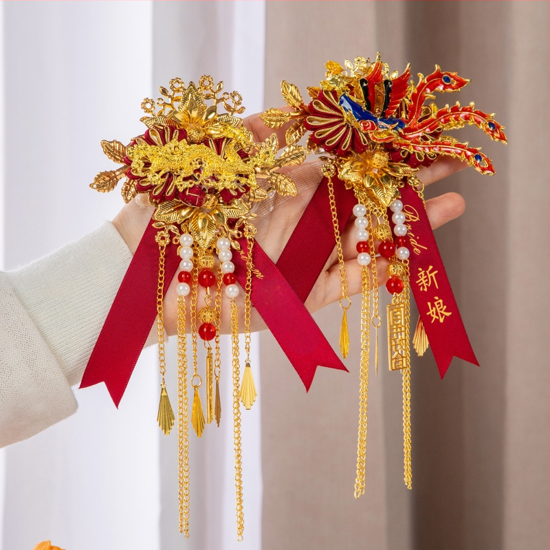 Kāzu korsāge ar pūķi un feniksu, ķīniešu stilā, materiāls: lente, mašīnveidā ražots, paredzēts kāzām, pilns ģimenes komplekts