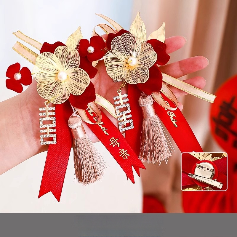 Kāzu corsage komplekts līgavai, līgavainim un ģimenei - rokām darinātas lentīšu brošas