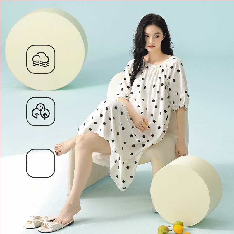 Antibakterinė medvilninė naktinė suknelė, ilga, vasarai, 3/4 rankovės, apvali kaklo linija, 95–100% medvilnė