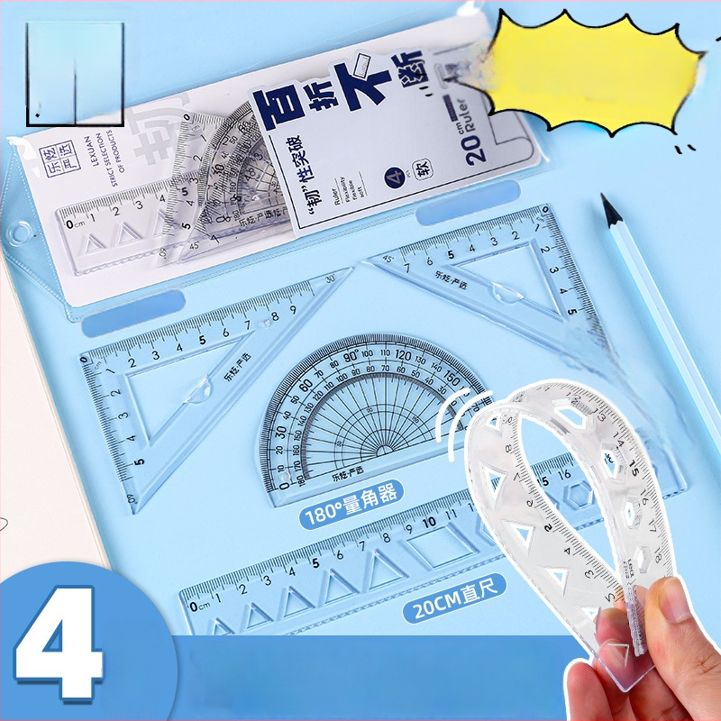 Plastikinis keturių liniuotų komplektas piešimui, įskaitant trikampio liniuotę ir kampometrą