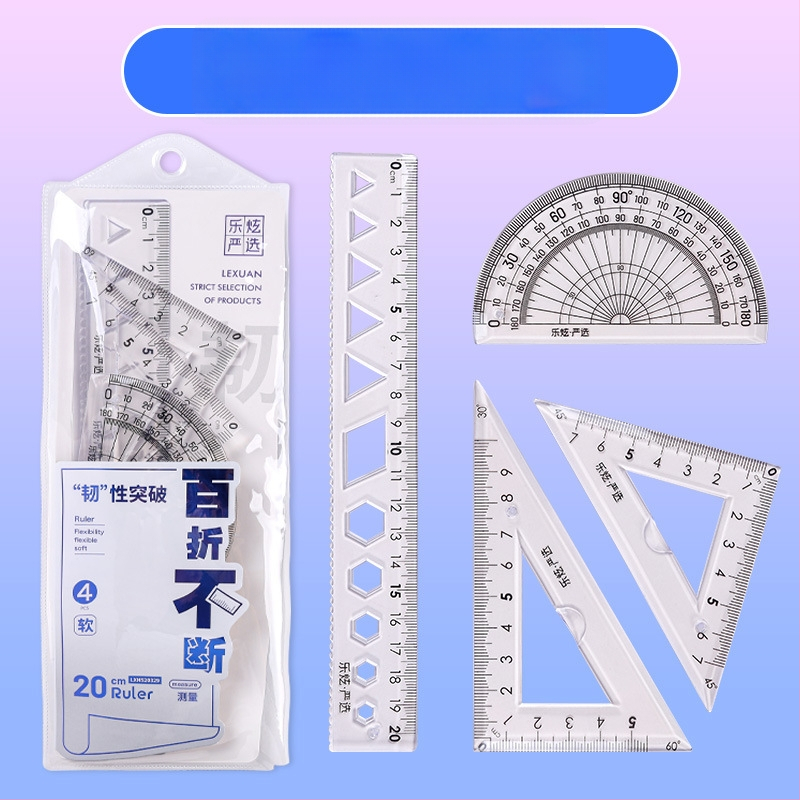Plastikinis keturių liniuotų komplektas piešimui, įskaitant trikampio liniuotę ir kampometrą