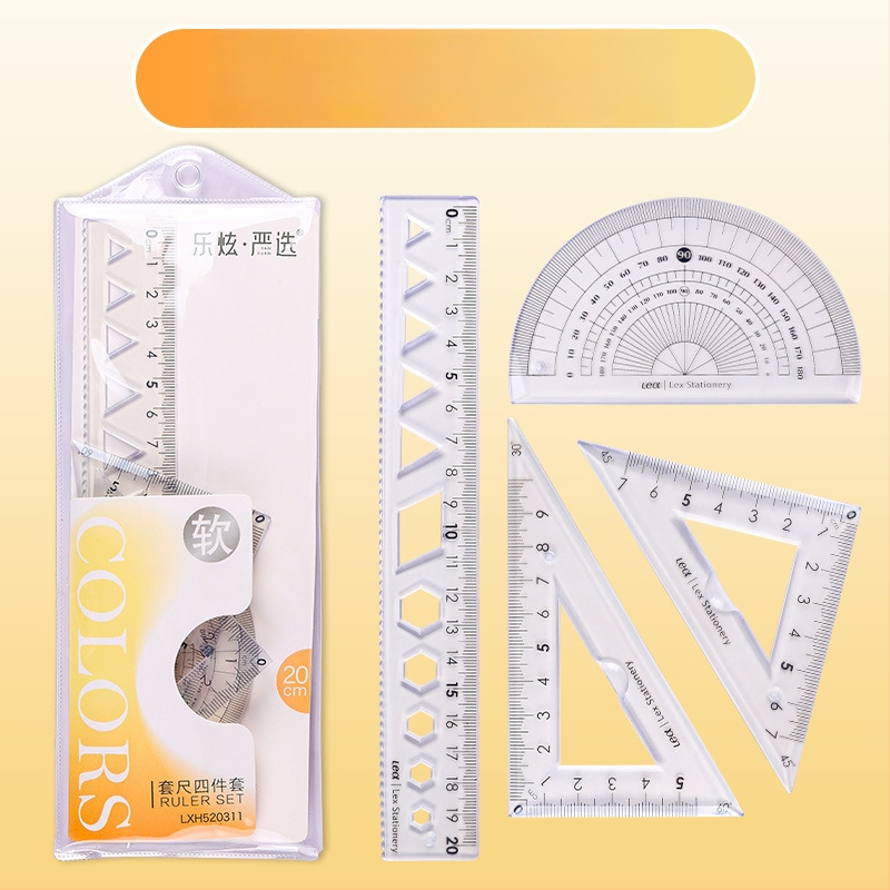 Plastikinis keturių liniuotų komplektas piešimui, įskaitant trikampio liniuotę ir kampometrą