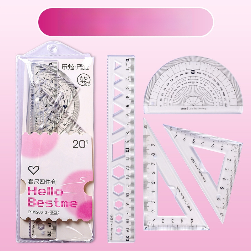 Plastikinis keturių liniuotų komplektas piešimui, įskaitant trikampio liniuotę ir kampometrą