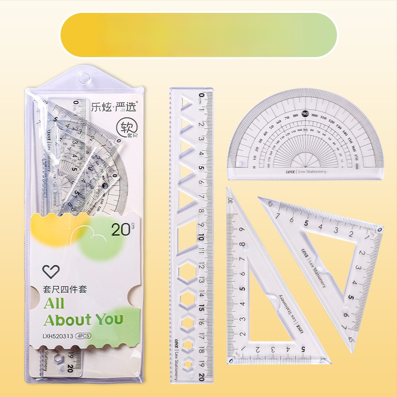 Plastikinis keturių liniuotų komplektas piešimui, įskaitant trikampio liniuotę ir kampometrą