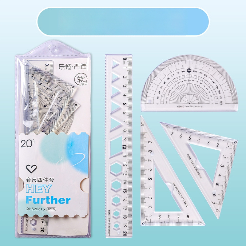 Plastikinis keturių liniuotų komplektas piešimui, įskaitant trikampio liniuotę ir kampometrą