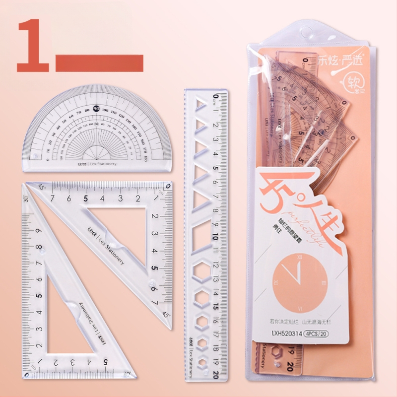 Plastikinis keturių liniuotų komplektas piešimui, įskaitant trikampio liniuotę ir kampometrą