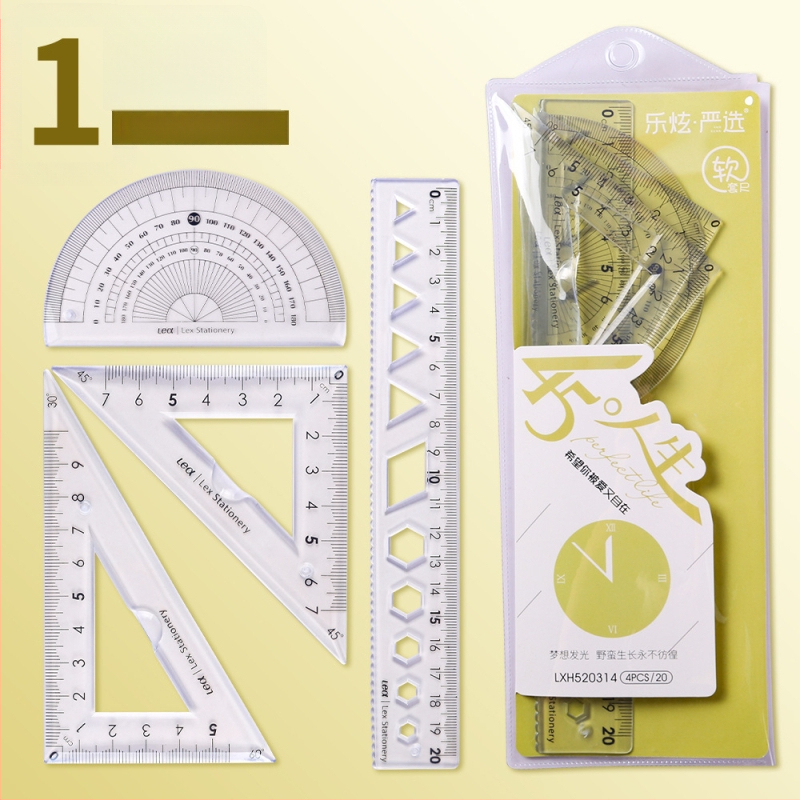 Plastikinis keturių liniuotų komplektas piešimui, įskaitant trikampio liniuotę ir kampometrą