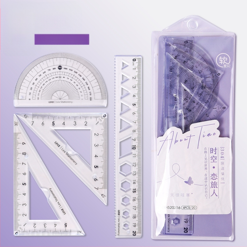 Plastikinis keturių liniuotų komplektas piešimui, įskaitant trikampio liniuotę ir kampometrą