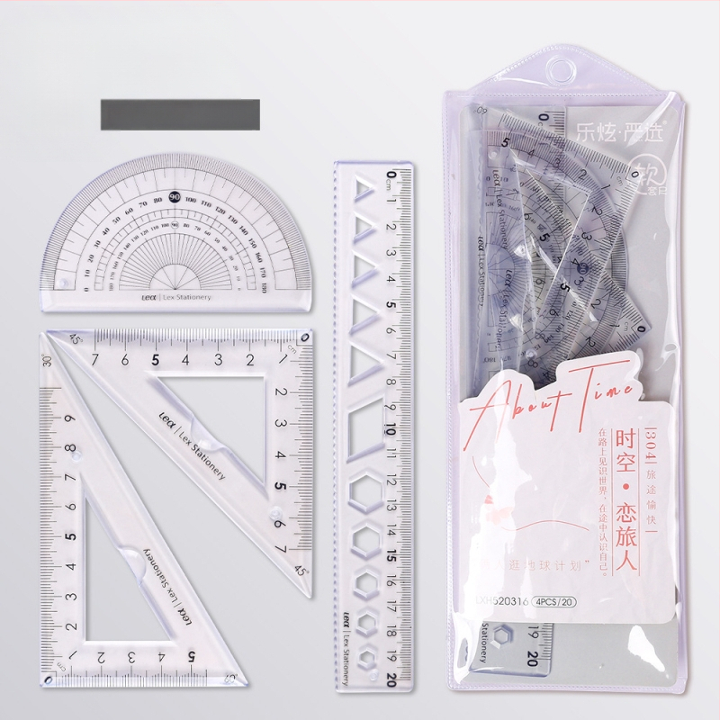 Plastikinis keturių liniuotų komplektas piešimui, įskaitant trikampio liniuotę ir kampometrą