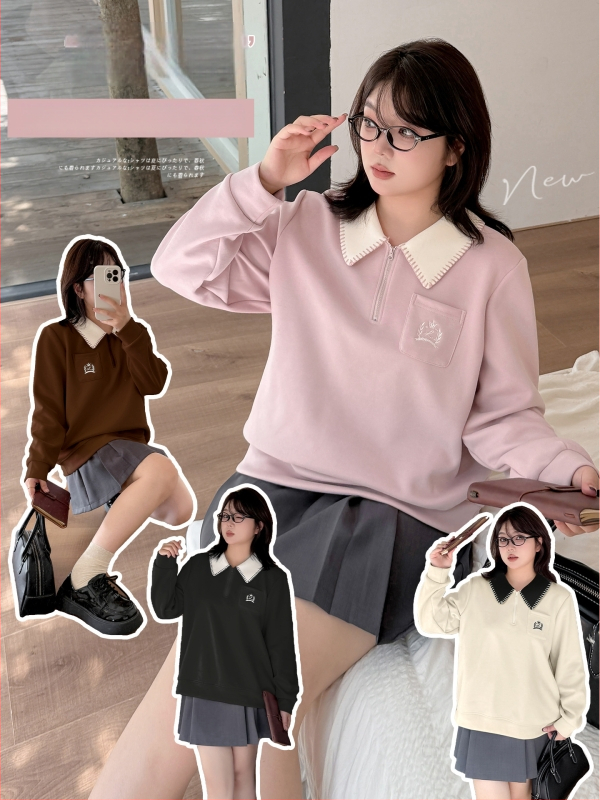 Moteriška korėjietiško stiliaus polo apykaklė su gobtuvu megztinis, ruduo 2025, medvilnės-poliesterio mišinys (50–70% medvilnė, 30–50% poliesteris), koliažo dizainas, ilgos rankovės