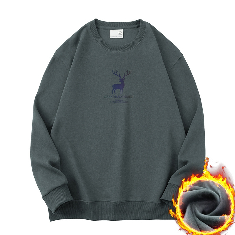 Vyrų Elk atspaudo fliso džemperis su ilgomis rankovėmis, apvaliu kaklu, laisvas kirpimas