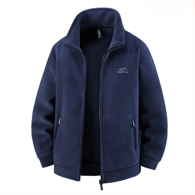 Vyriskas storas fliso džemperis su užtrauktuku, stovinčiu kaklu ir kišenėmis su užtrauktukais