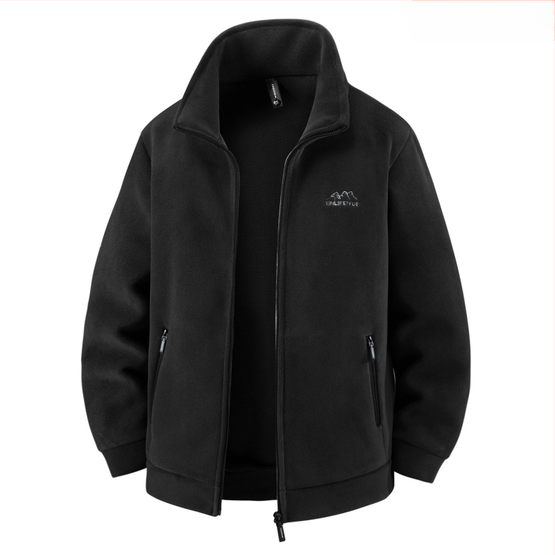 Vyriskas storas fliso džemperis su užtrauktuku, stovinčiu kaklu ir kišenėmis su užtrauktukais