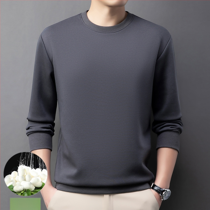 Vyrų medvilnės-poliesterio mišinio megztinis su mulberry šilku, apvalus kaklas, ilgos rankovės, be pamušalo, pavasaris-ruduo, 2024 m. žiema