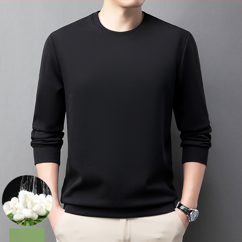 Vyrų medvilnės-poliesterio mišinio megztinis su mulberry šilku, apvalus kaklas, ilgos rankovės, be pamušalo, pavasaris-ruduo, 2024 m. žiema