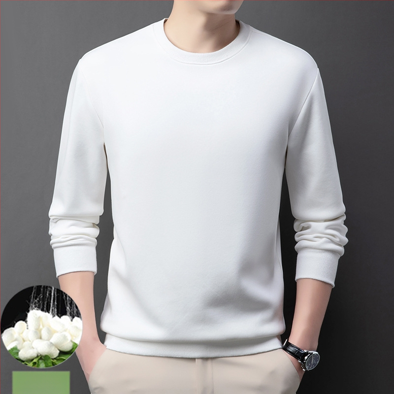 Vyrų medvilnės-poliesterio mišinio megztinis su mulberry šilku, apvalus kaklas, ilgos rankovės, be pamušalo, pavasaris-ruduo, 2024 m. žiema