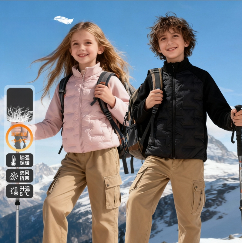 Vaikų pūkuotas vidinis džensas – lengvas ir šiltas, užtrauktukas, ilgos rankovės, be gobtuvo, poliesterio audinys ir pamušalas, 2025 rudens leidimas